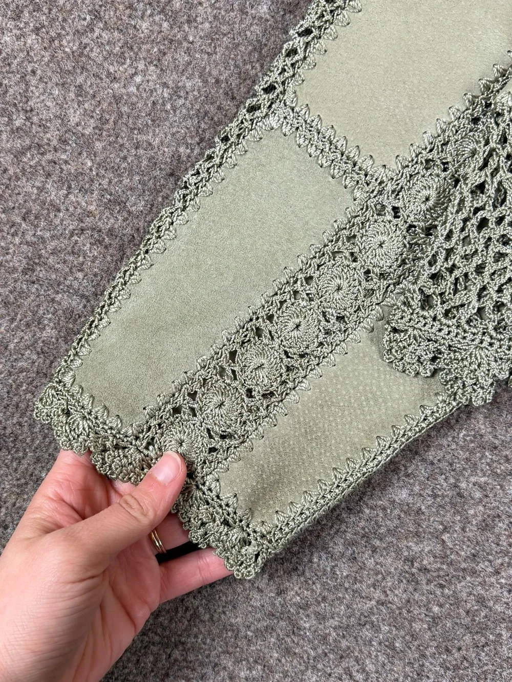 Vintage Sage Green Suede Leather Patchwork Crochet Cardigan Jacket Women’s Large